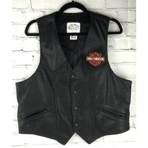 Vintage Harley Davidson Patch Winter Black Leather Vest Made in USA Mens Size 44